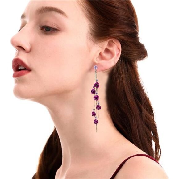 3D Rose Flower Crystal Long Tassel Drop Earrings - Picture 3 of 6